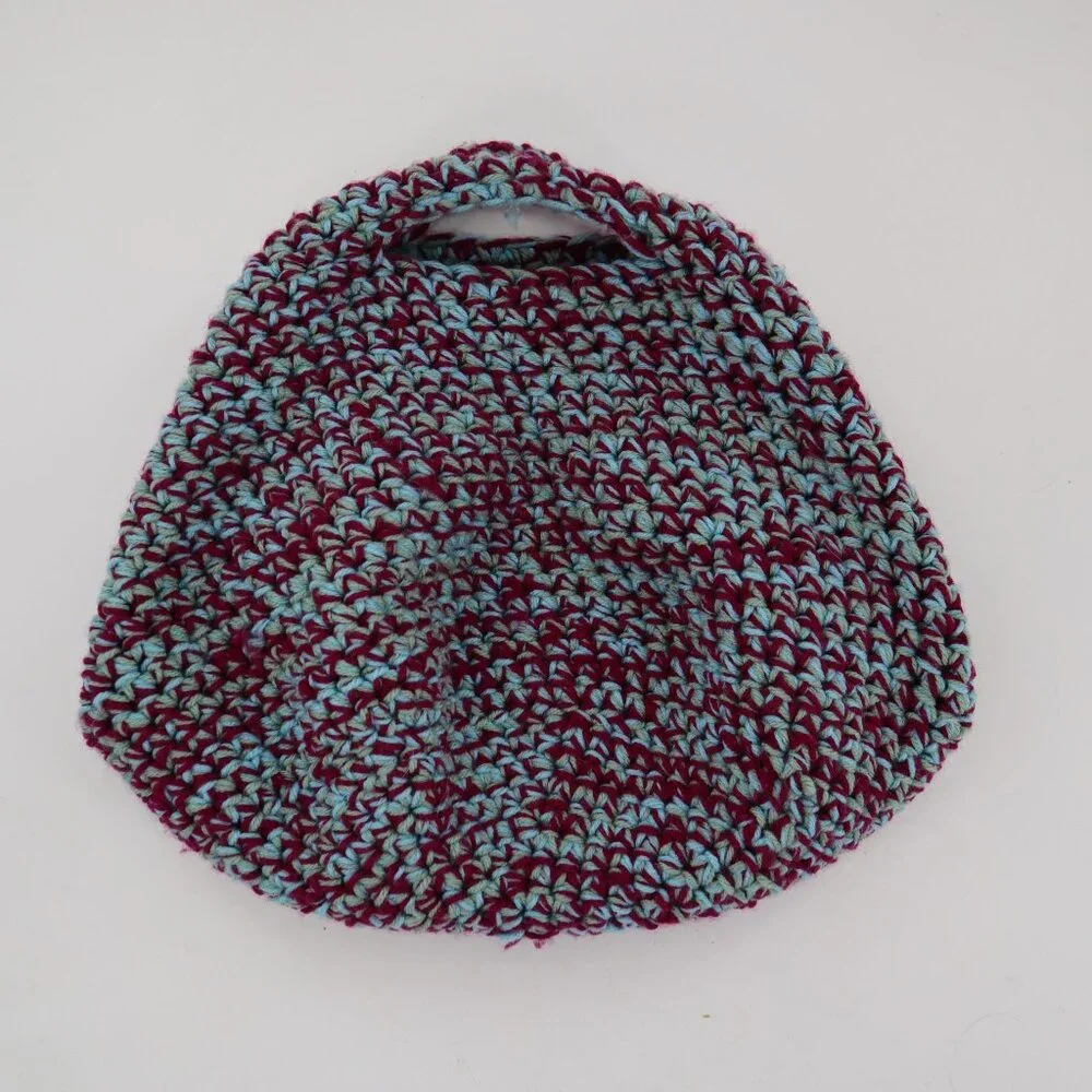 Handmade Knit Basket Bag With Handles‎ Burgundy Teal Yarn Boho Granny Cottage